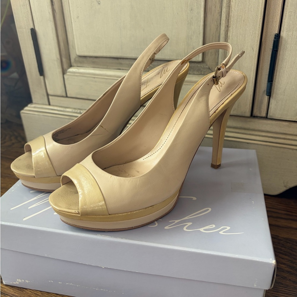 Marc Fisher Beige Slingback Peep-Toe Heels